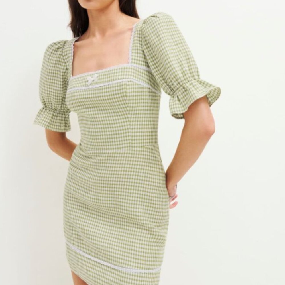 Reformation Green Checkered Mini Dress